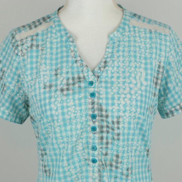 Exofficio Women's Medium Blue White Plaid V-Neck Short Sleeve Button Up Shirt - Picture 2 of 7